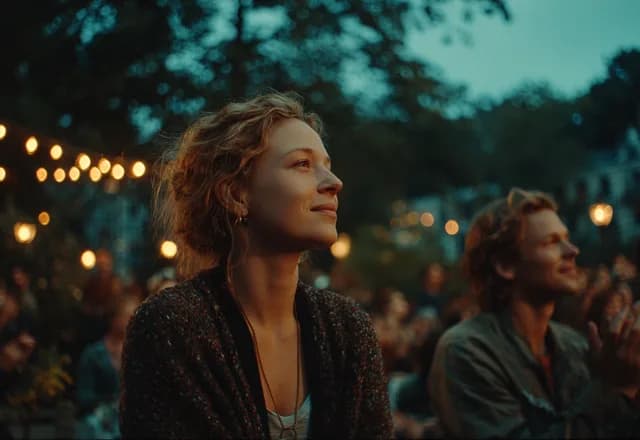 Zwei Menschen im Publikum eines Abends unter Lichterketten im Park